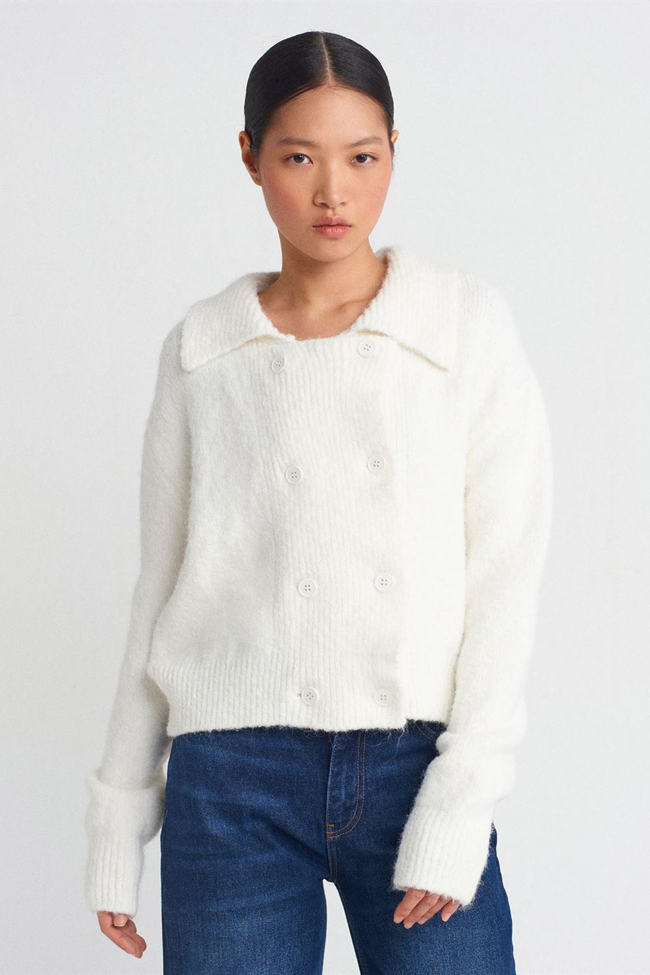 DILVIN Ribbed Polo-collar Button Cardigan 1