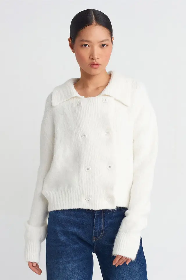 DILVIN Ribbed Polo-collar Button Cardigan
