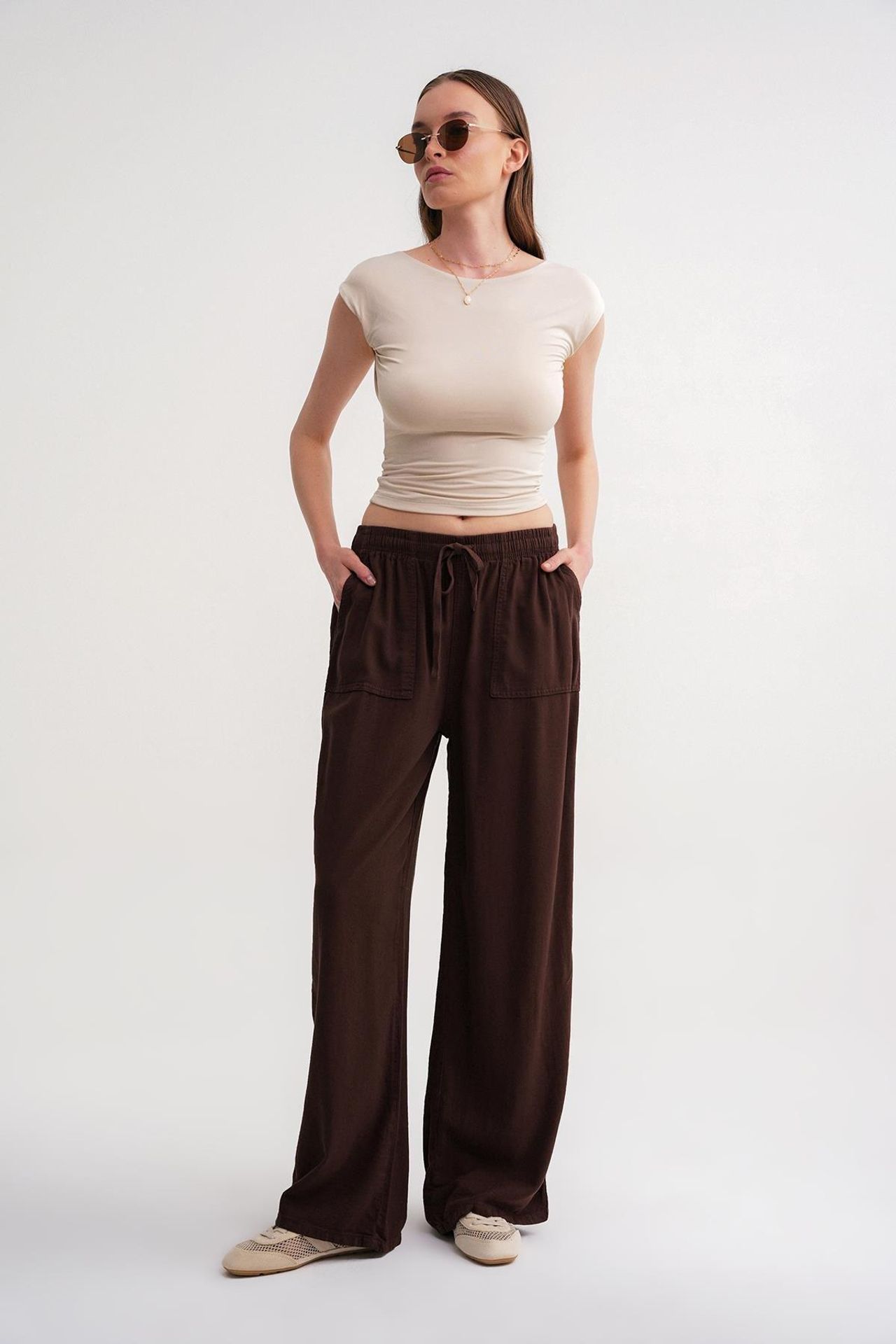MIXRAY Mid Waist Straight Leg Cotton Pants with Tie Closure 1