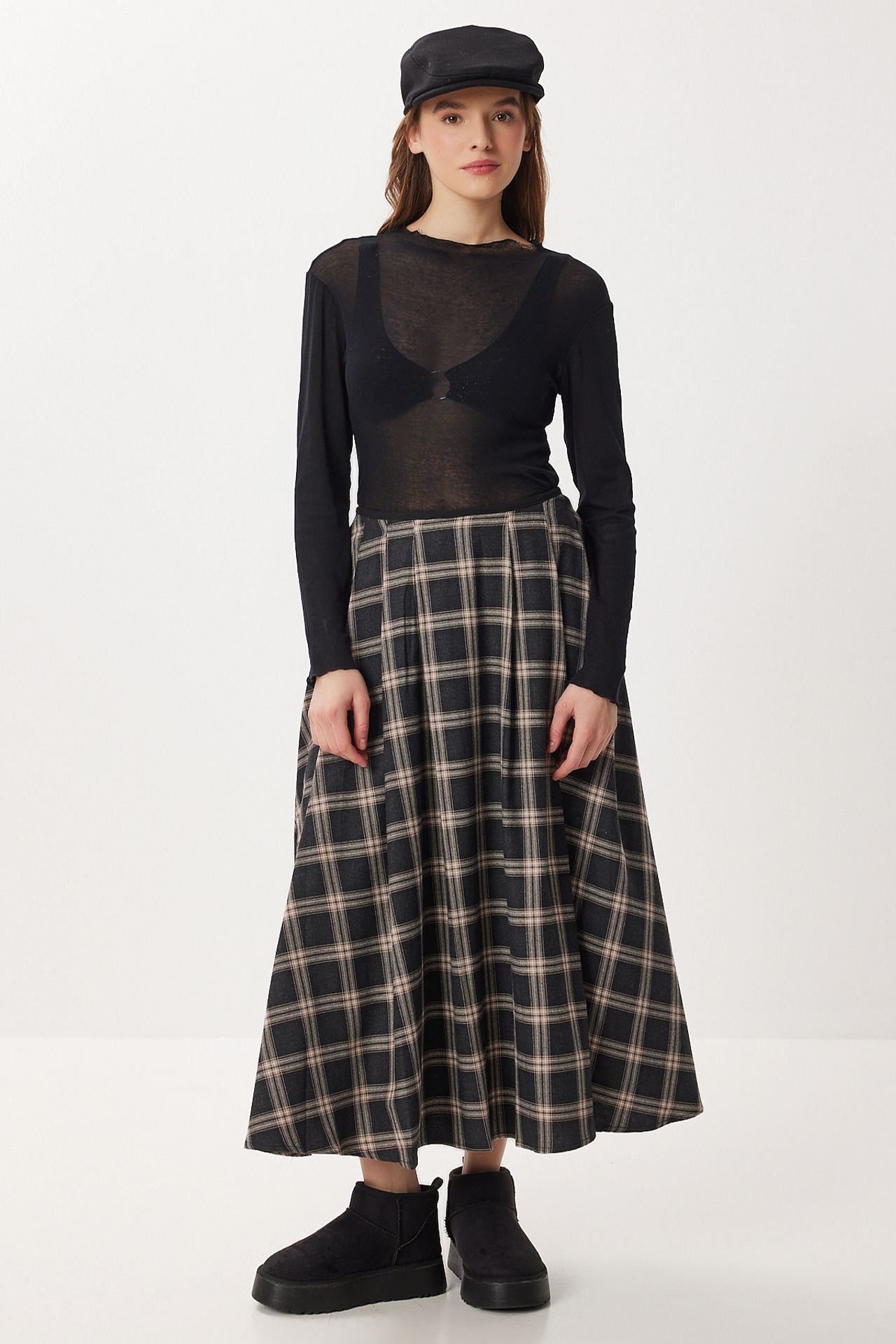 ISTANBUL Pleated Plaid Midi A-Line Skirt 1