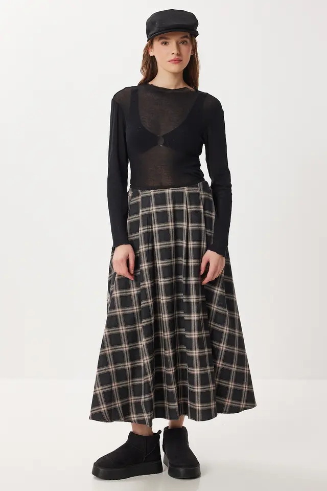 ISTANBUL Pleated Plaid Midi A-Line Skirt