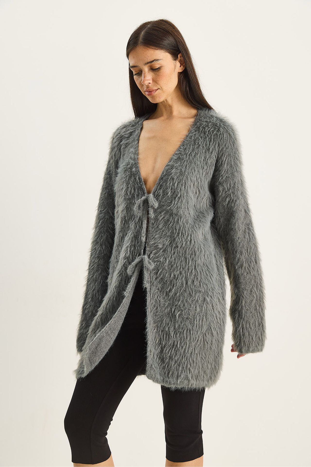 LUCCI Textured V-Neck Midi Cardigan with Tie Closure 4