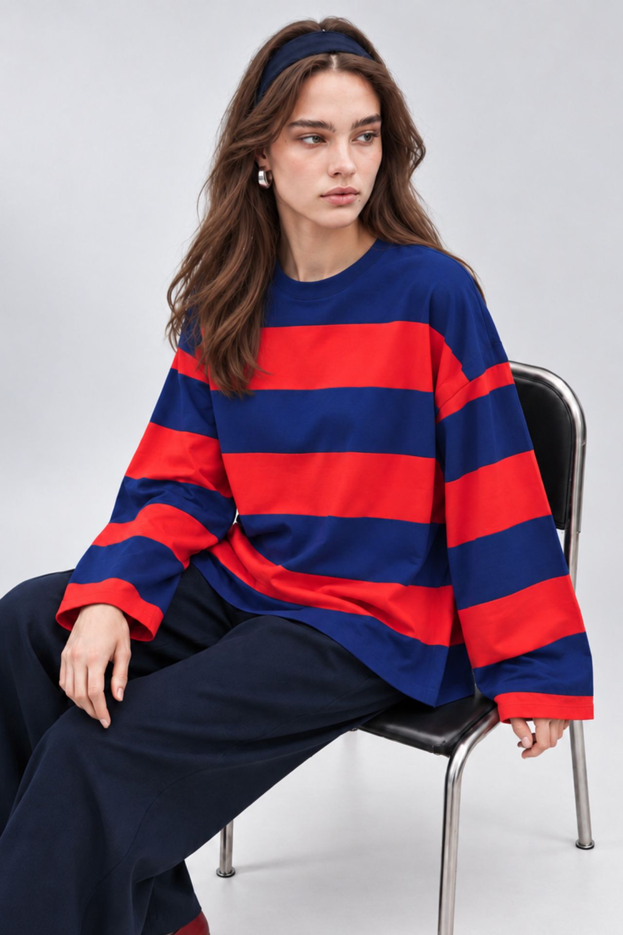 BIPANTOLON Kadın Oversize Çizgili Bisiklet Yaka Sweatshirt 1
