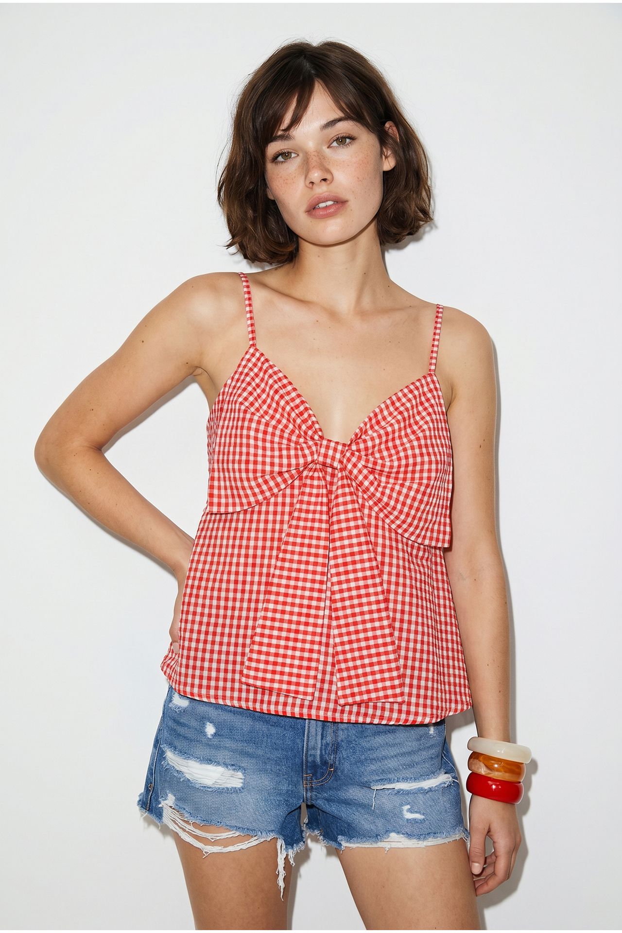 LUCCI Cotton-Blend V-Neck Cami Blouse With Bow Detail 1