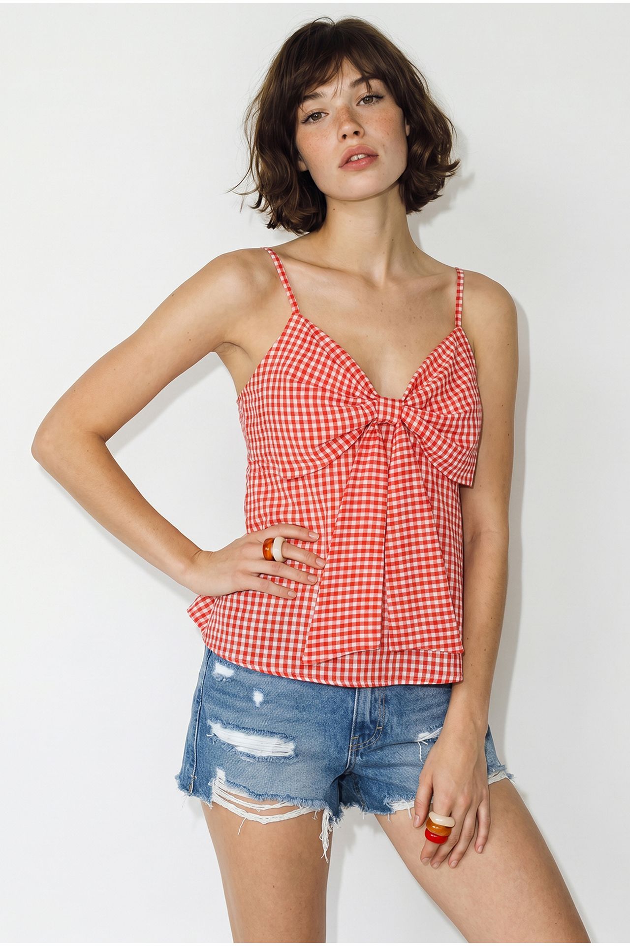 LUCCI Cotton-Blend V-Neck Cami Blouse With Bow Detail 2