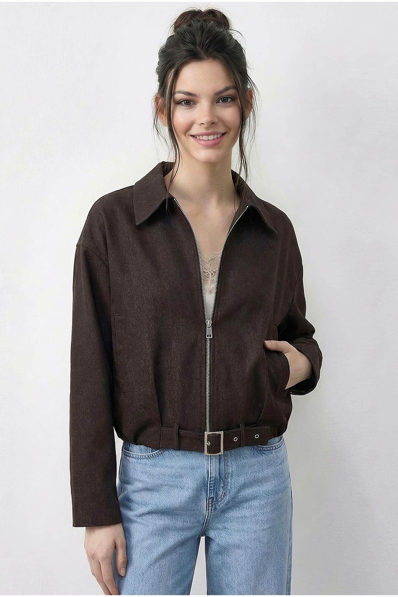 LUCCI Oversized Denim Bomber Jacket with Belt 3