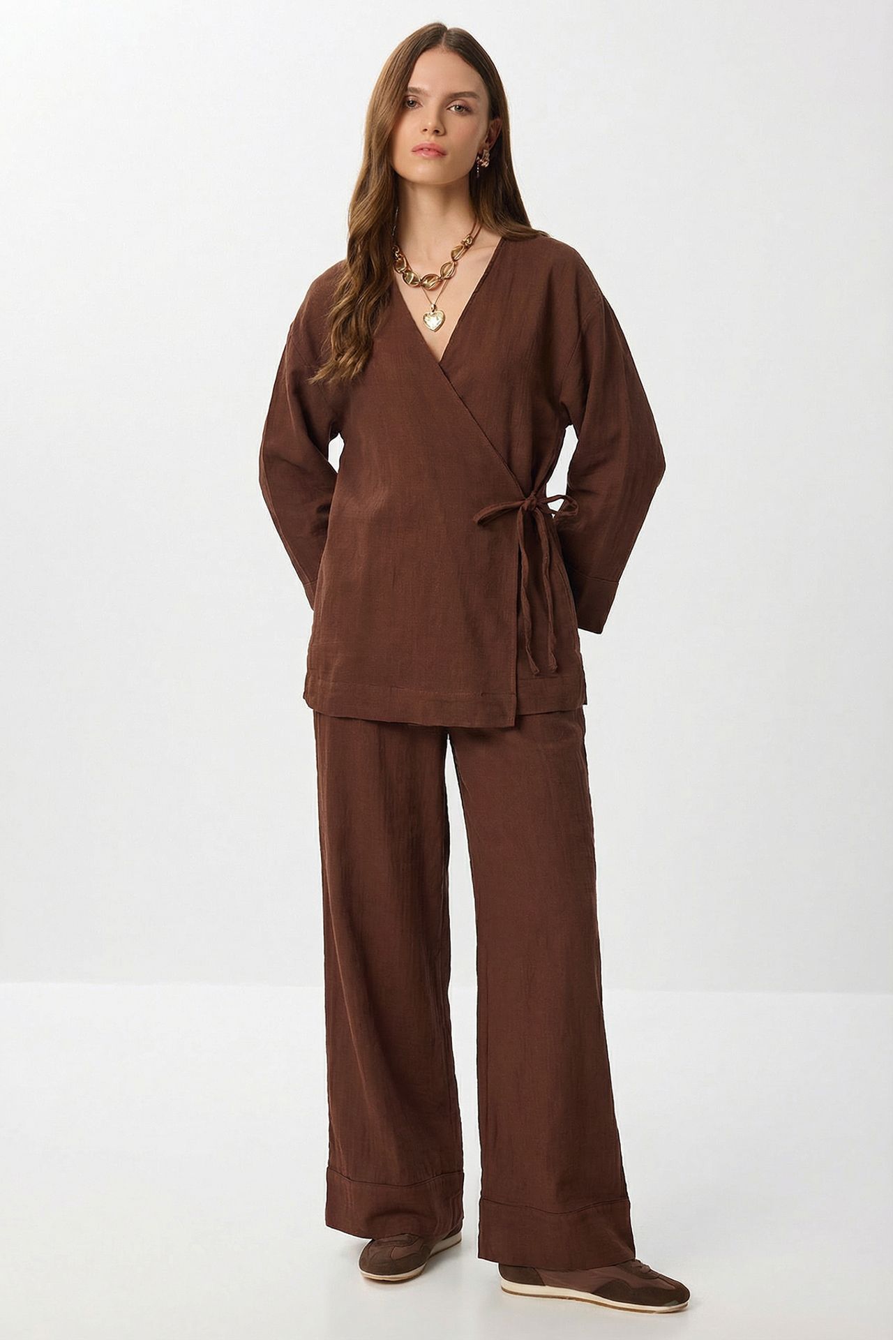ISTANBUL High Waist Wide Leg Pants & V-Neck Tie Detail Blouse Co-ord Set 1