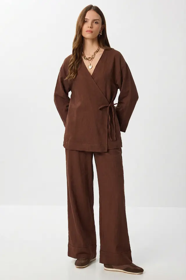 ISTANBUL High Waist Wide Leg Pants & V-Neck Tie Detail Blouse Co-ord Set