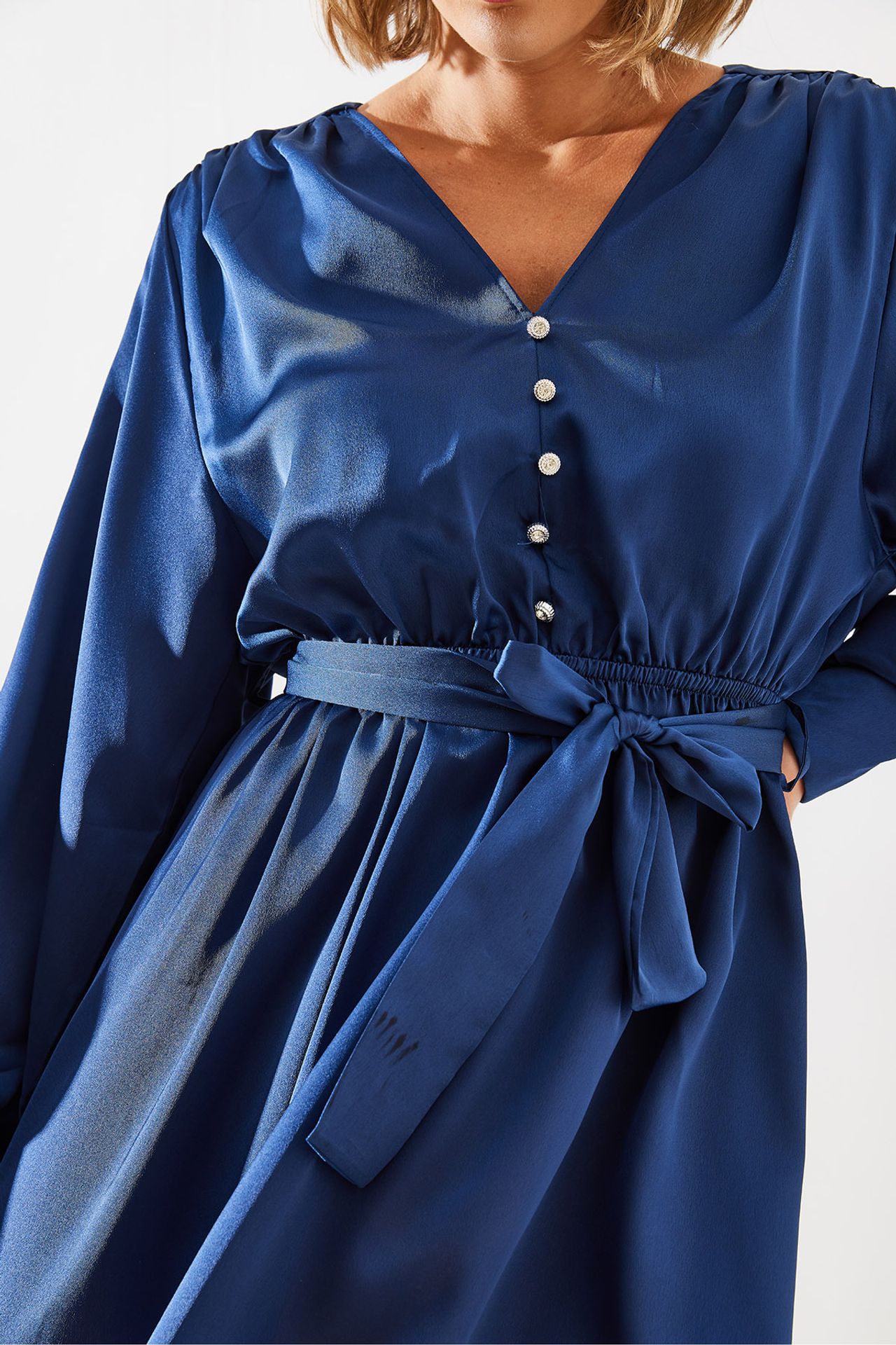 LUCCI V-neck Satin A-Form Midi Dress with Button Closure