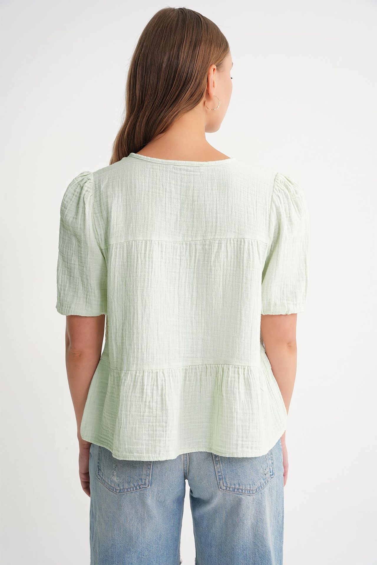 Mixray Textured Muslin Crew Neck Blouse with Binding Detail 6