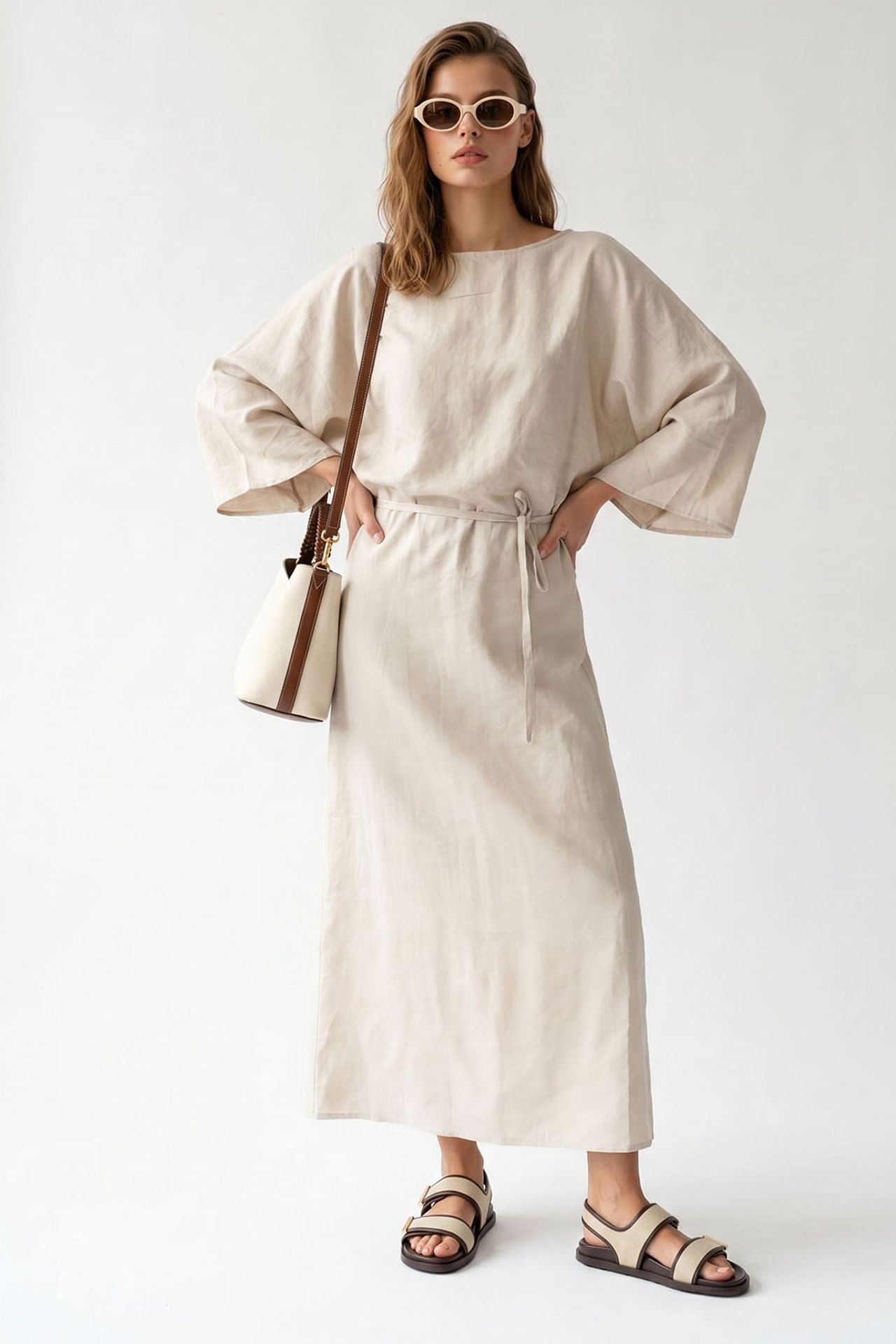 MIXRAY Women's Solid Textured Maxi Dress With Tie Detail 3