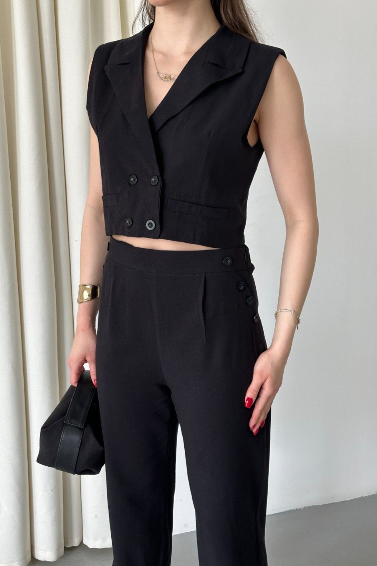 MY FASHION High Waist V-neck Buttoned Wide Leg Co-ord Set 4