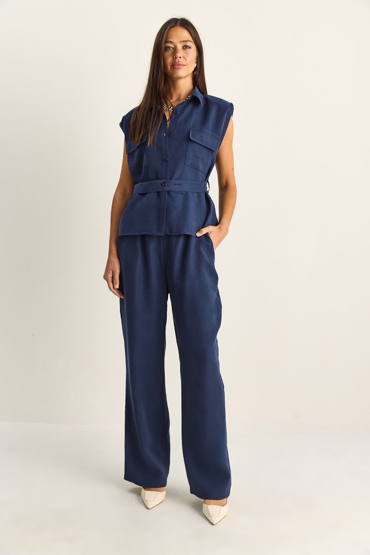 LUCCI Belted Sleeveless Blouse And Wide-Leg Trousers Set 2