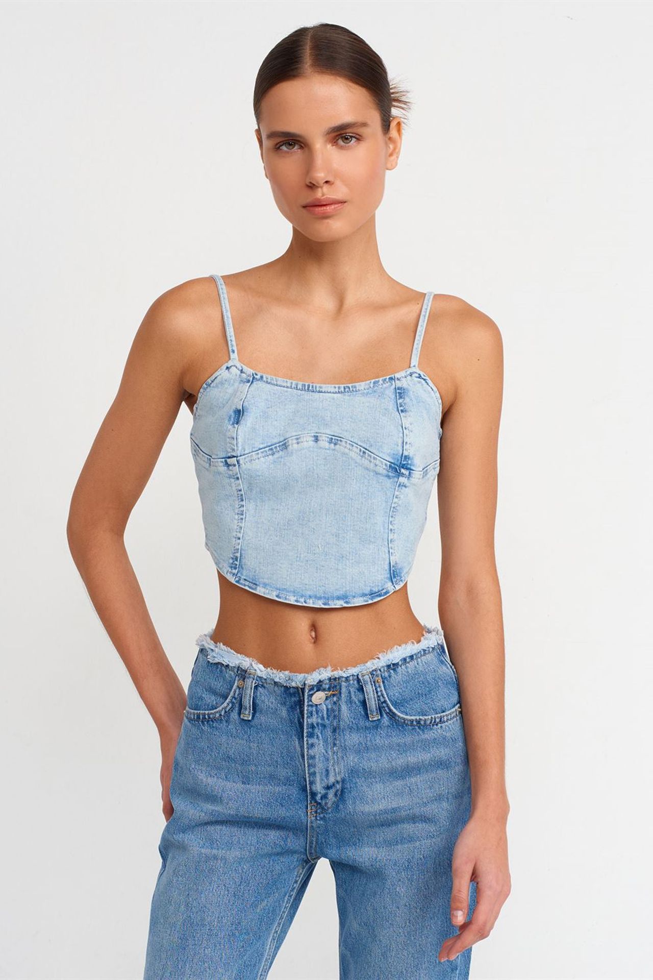 DILVIN Fitted Crop Denim Top With Square Neck 1