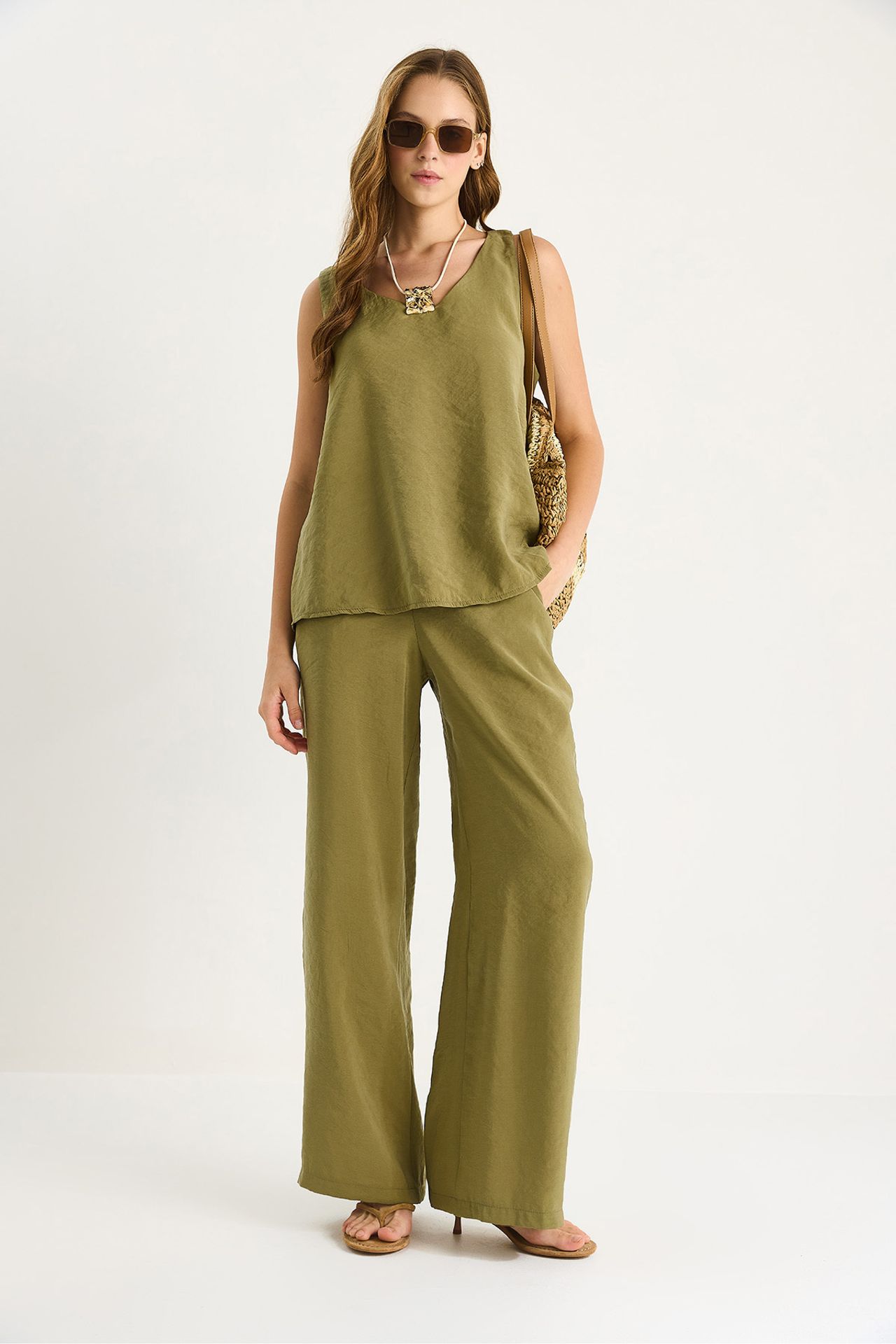 LUCCI V-Neck Cotton Blouse-Pants Two-Piece Set 2