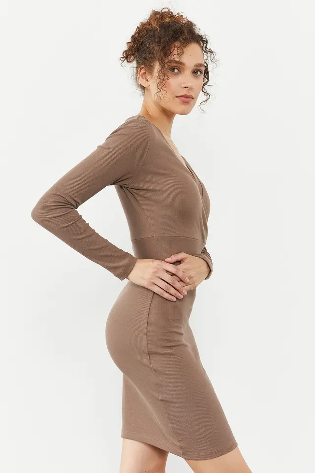 TOMMY Ribbed Bodycon Midi Dress with V-Neck