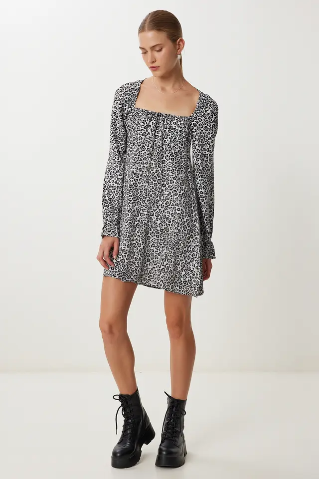 ISTANBUL Leopard Print A-Line Mini Dress with Tie Detail