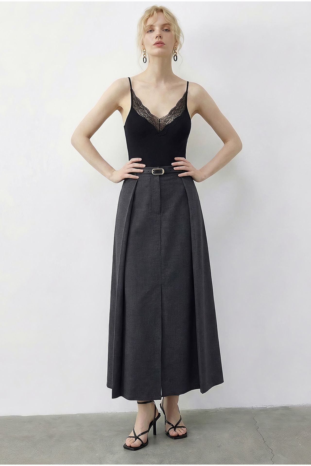 LUCCI High Waist Midi A-Line Skirt with Belt 3