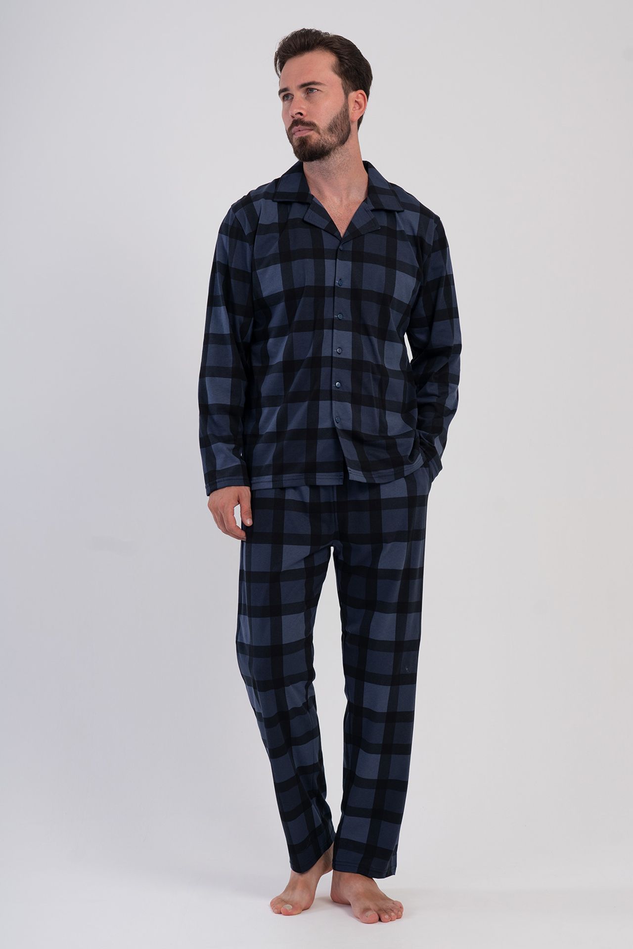 YAKE İki Parçalı Ekose Düğmeli Pijama Takımı 1