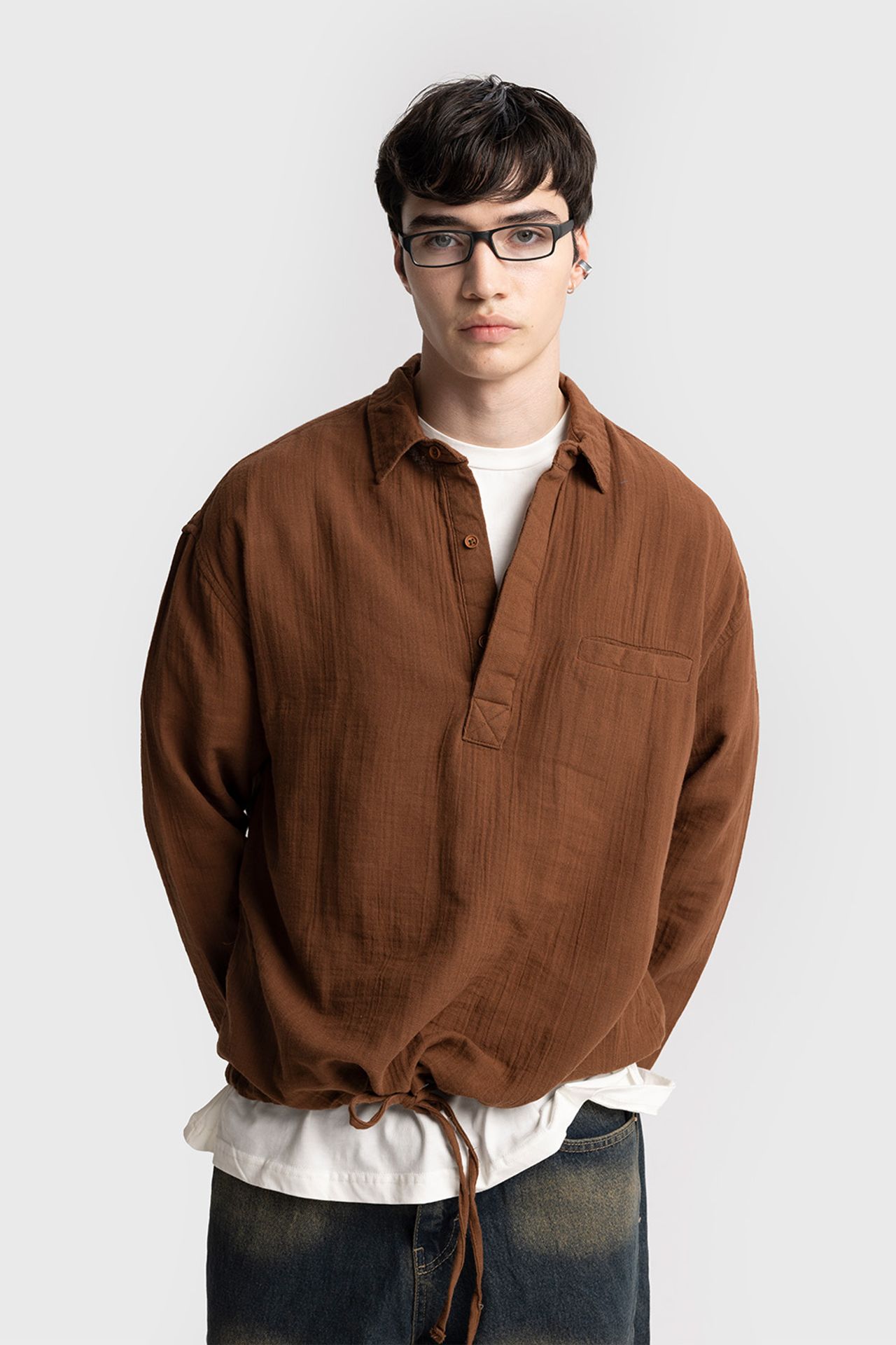 GIESTO Men's Relaxed Cotton Long-Sleeve Shirt with Tie Detail 1