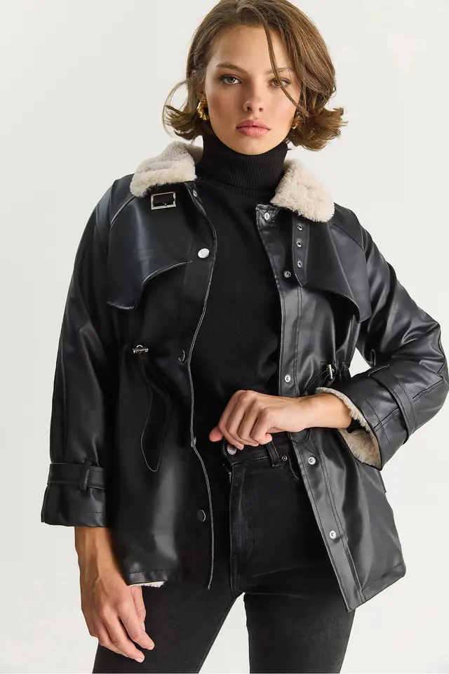 LUCCI Faux Leather Jacket with Faux Fur Detail