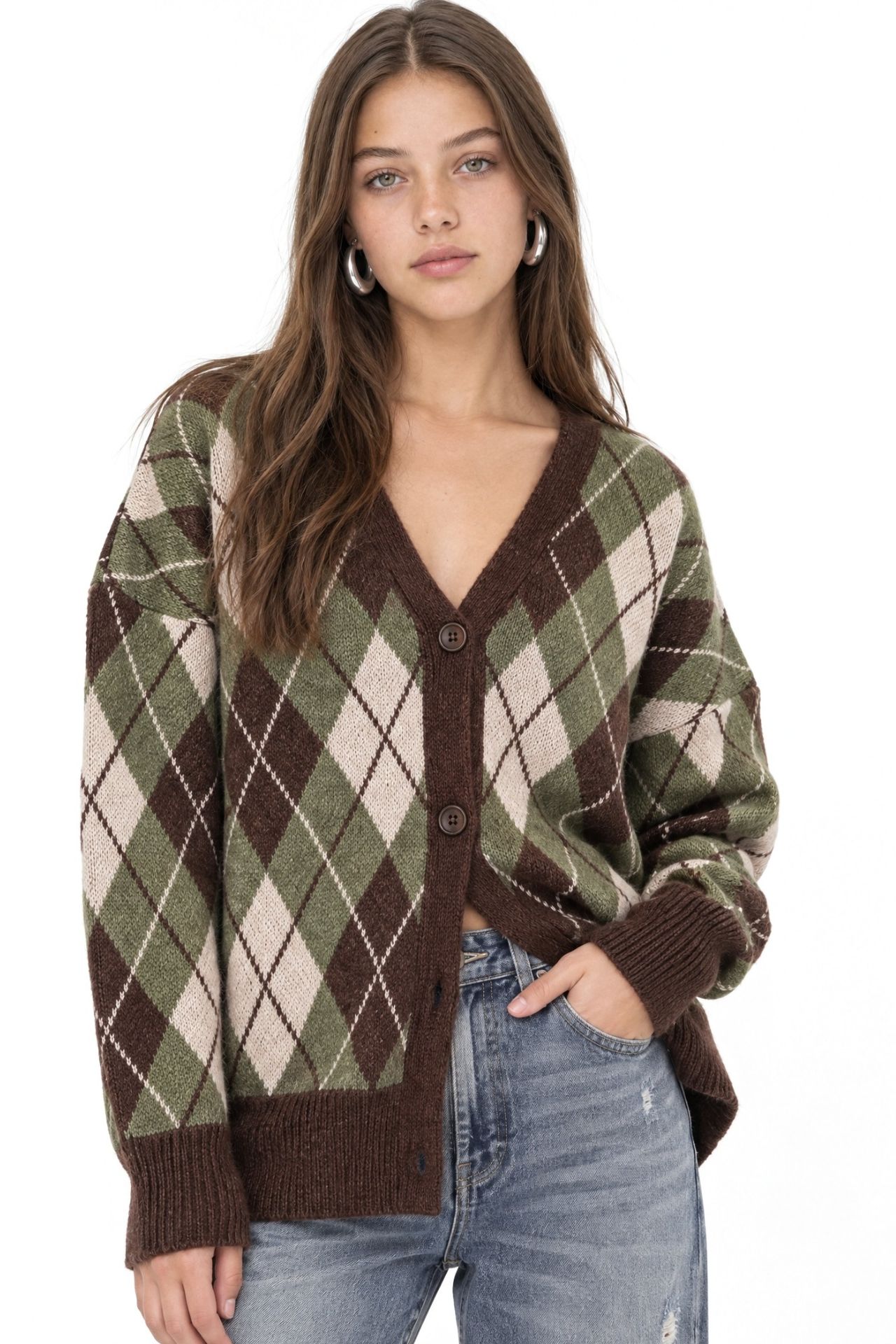 Mixray Oversize Argyle V-Neck Buttoned Cardigan 1