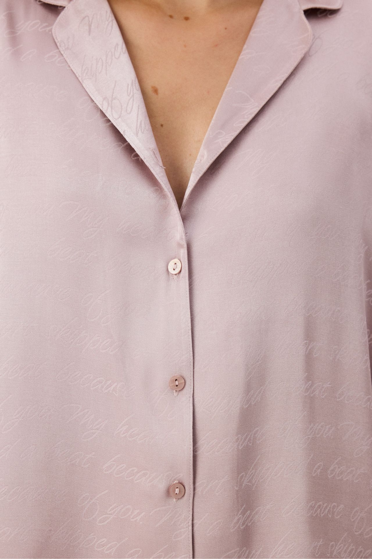 PENTI Pastel Romantic Satin Slogan Patterned Long Sleeve Shirt Trousers Pajama Set 3
