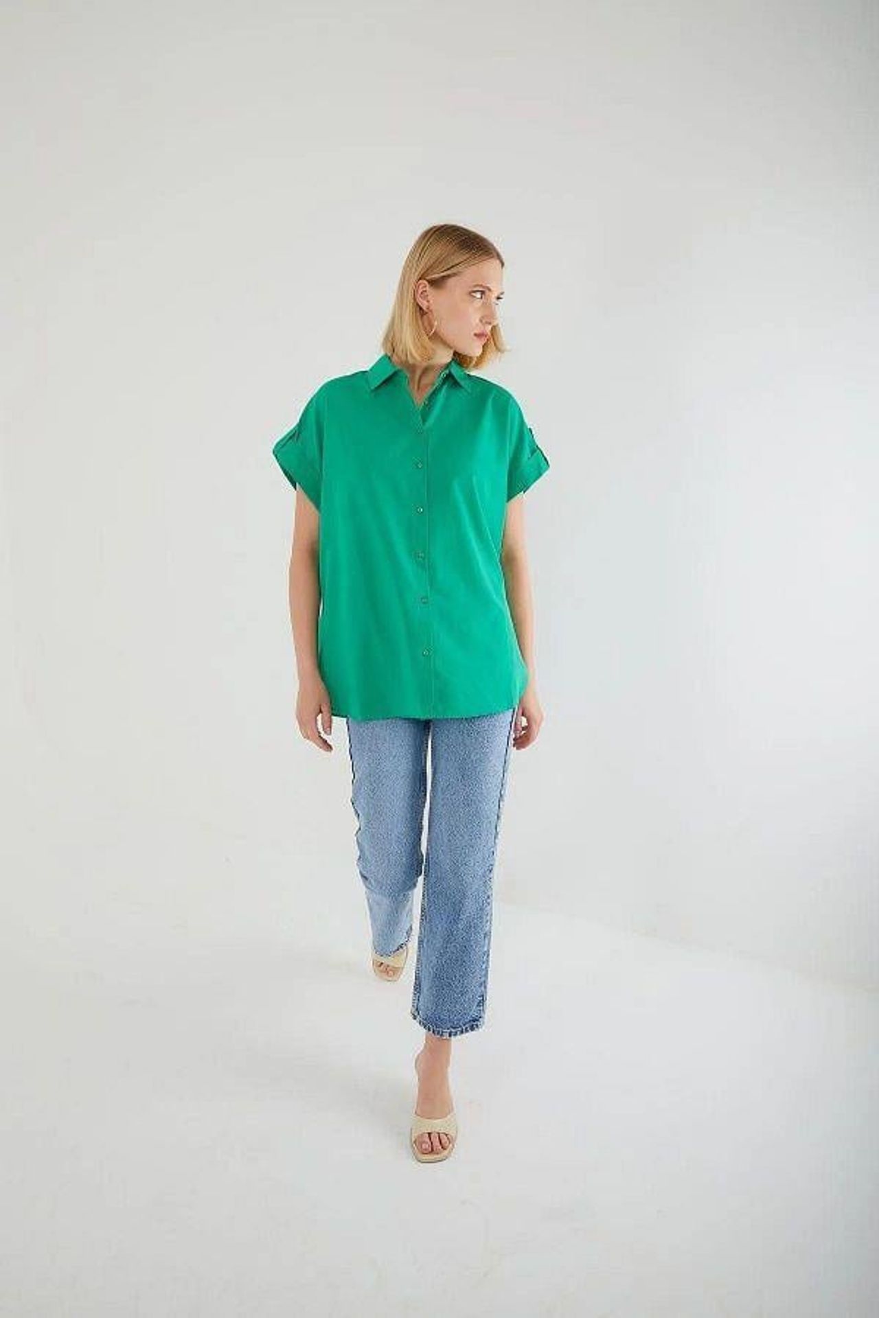 Oversized Short Sleeve Poplin Button-Up Shirt