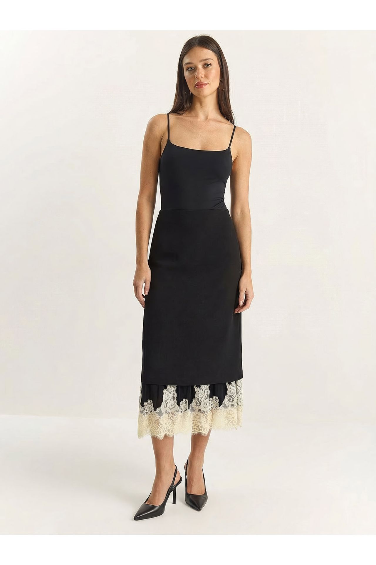 LUCCI High Waist Midi Skirt with Lace Bottom 1