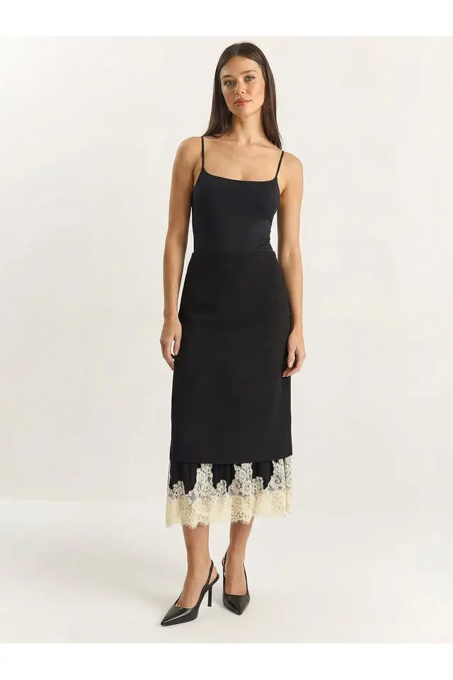 LUCCI High Waist Midi Skirt with Lace Bottom