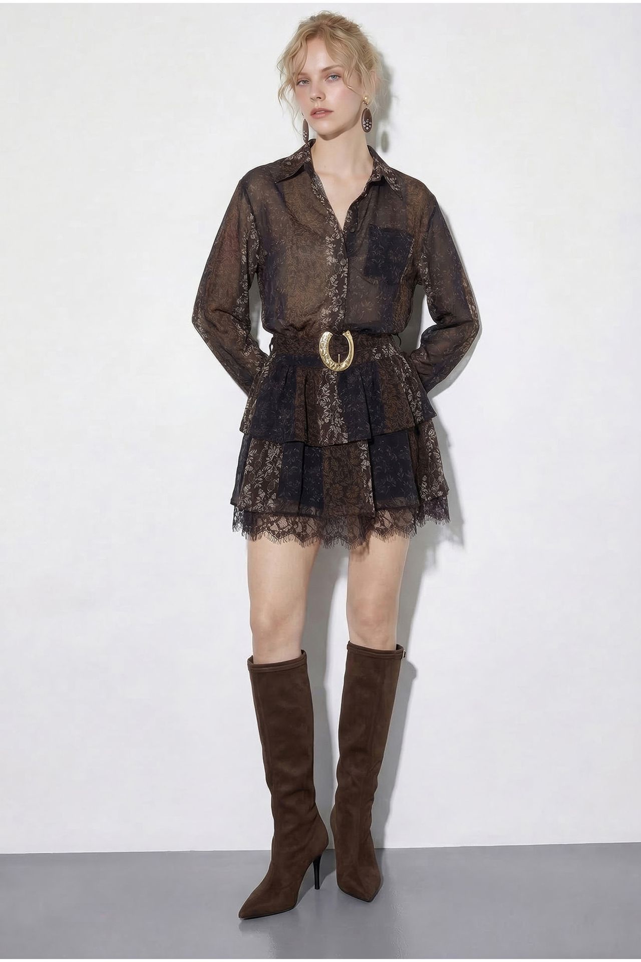LUCCI Patterned Tulle Dress with Lace Detail, Belt and Ruffles 2