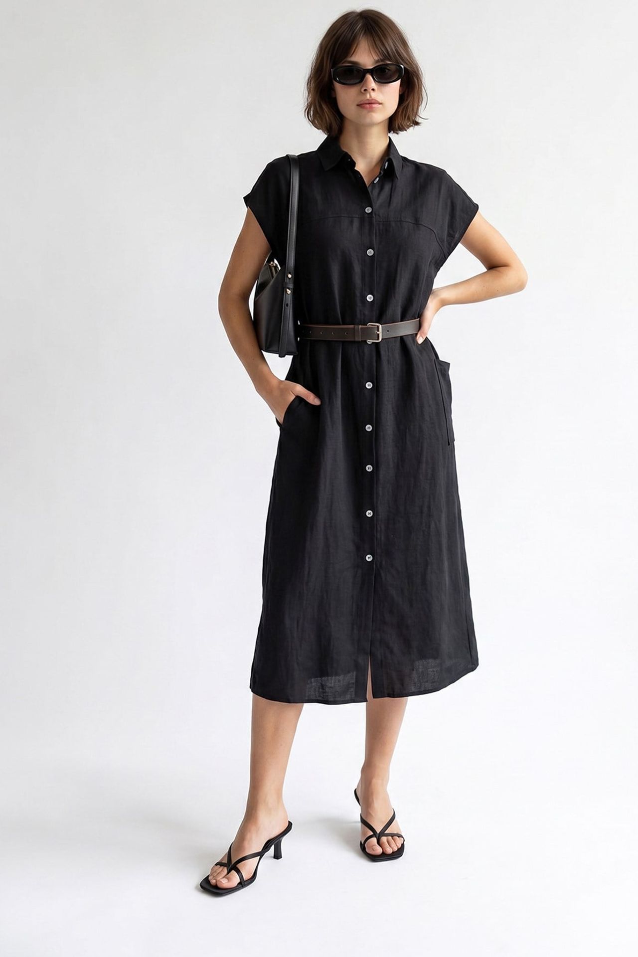 MIXRAY Belted Midi Shirt Dress 4