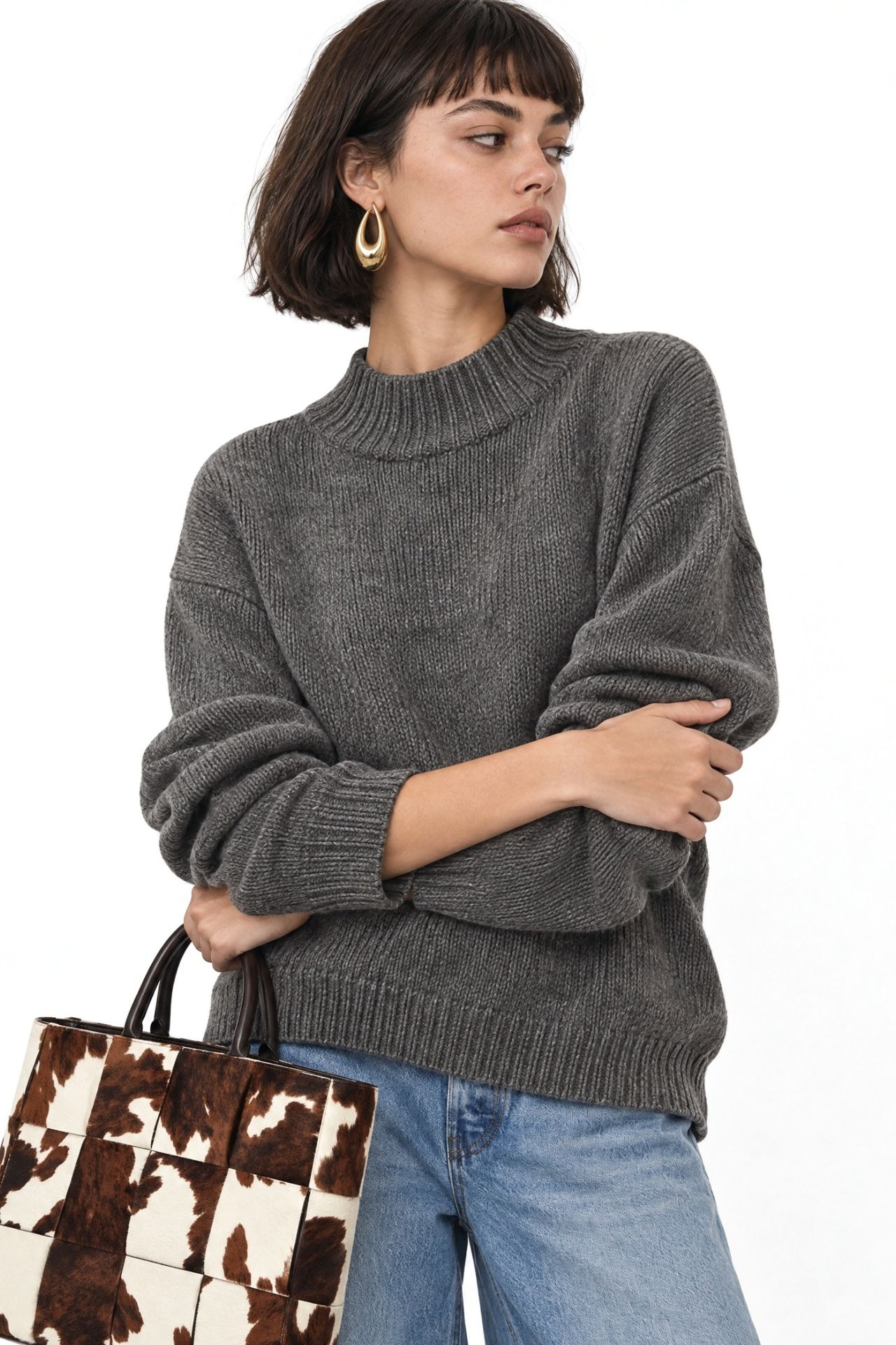 Mixray Relaxed Fit Crew Neck Thick Knit Sweater 3