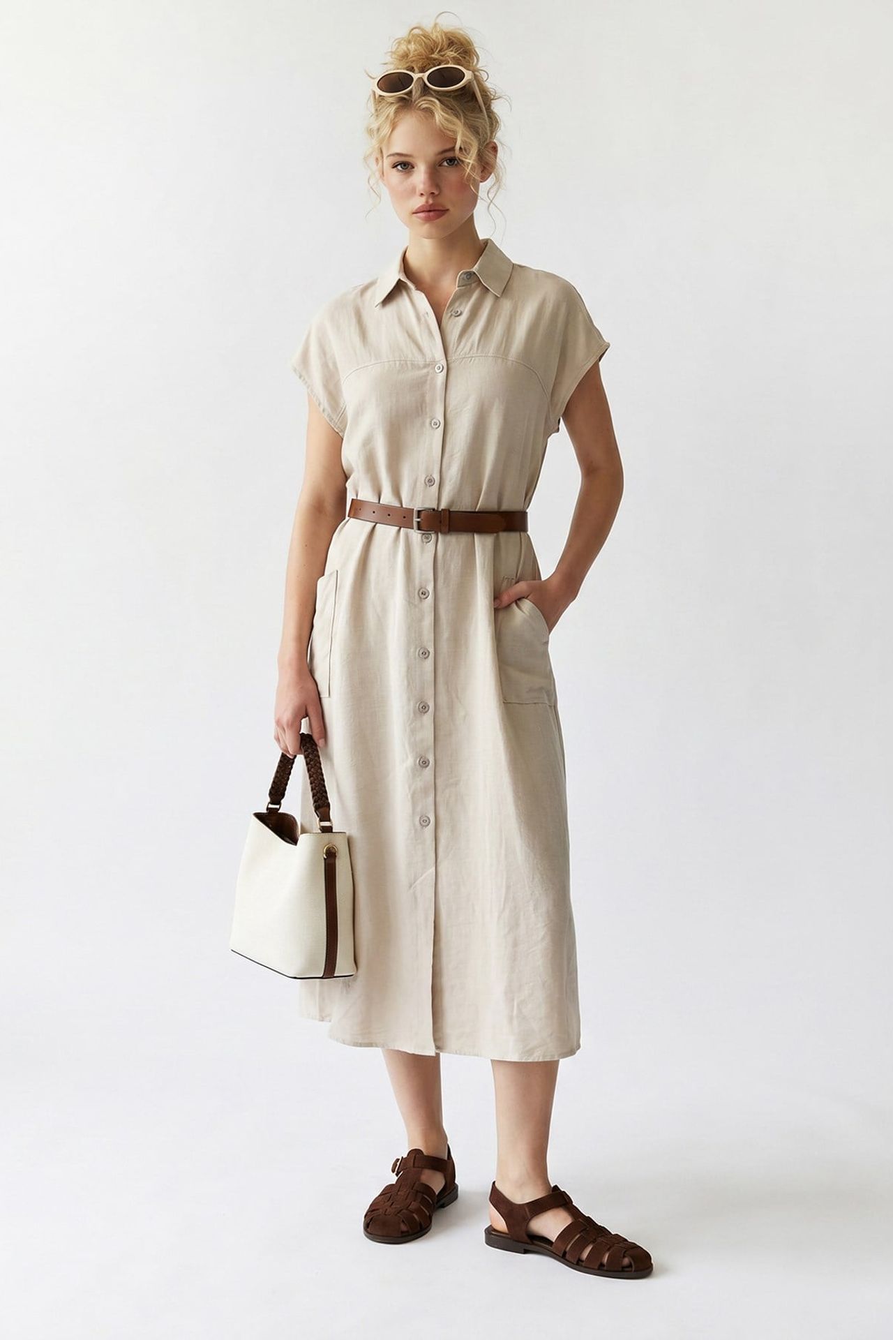 MIXRAY Belted Midi Shirt Dress 1