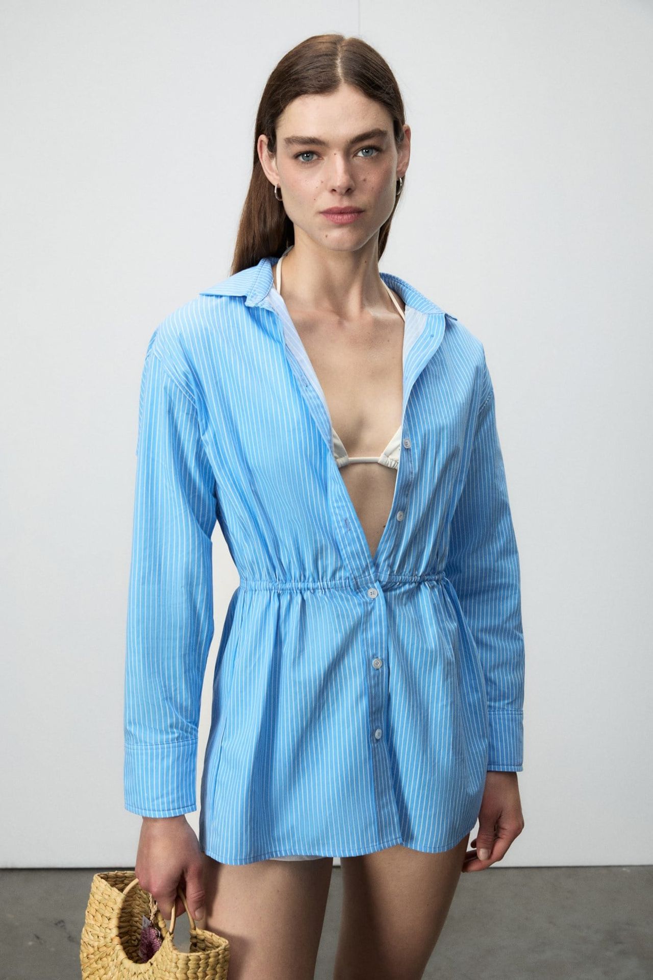 GRIMELANGE Striped Shirt Collar Mini Shirt Dress 2