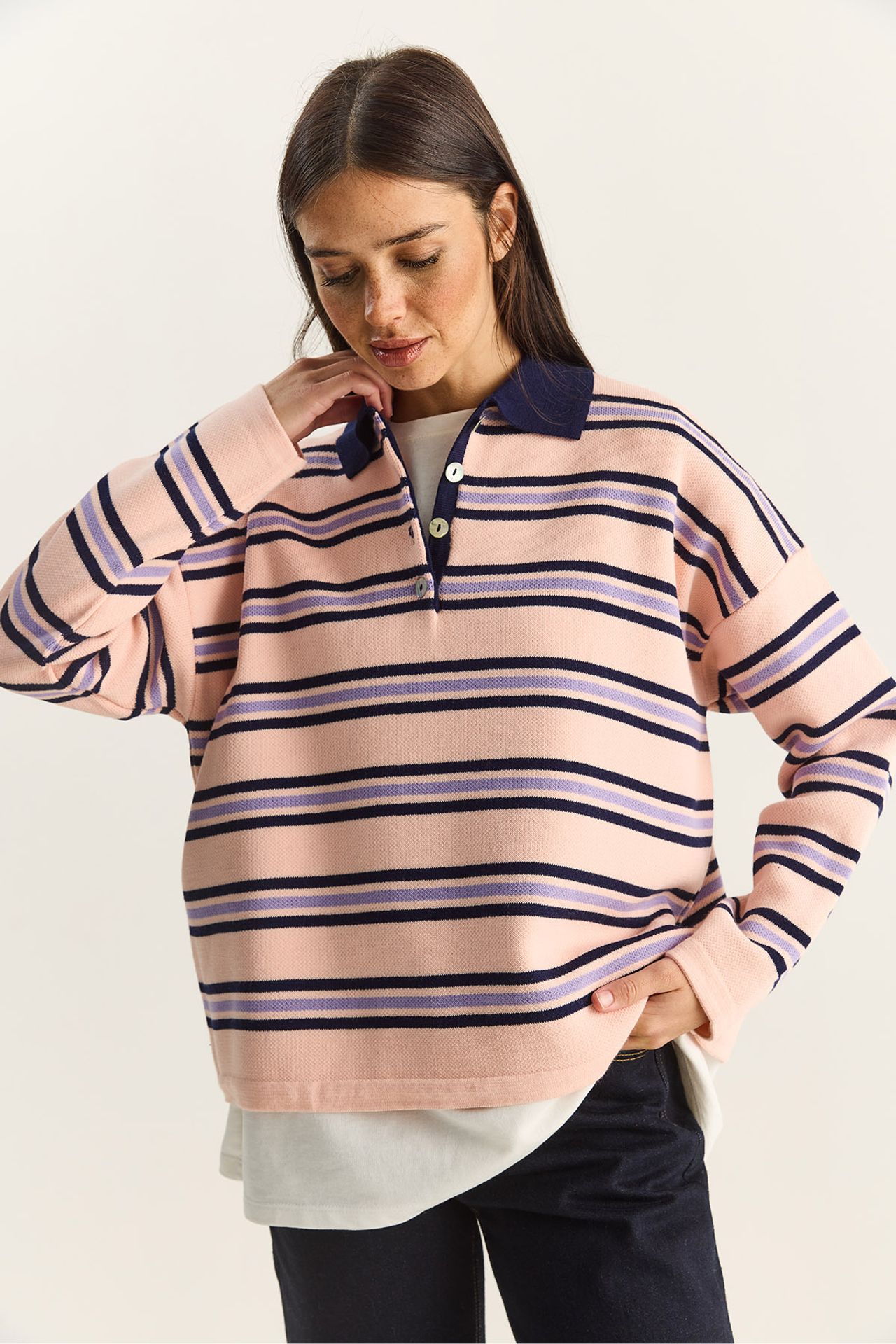 LUCCI Striped Polo Collar Button Sweater 3