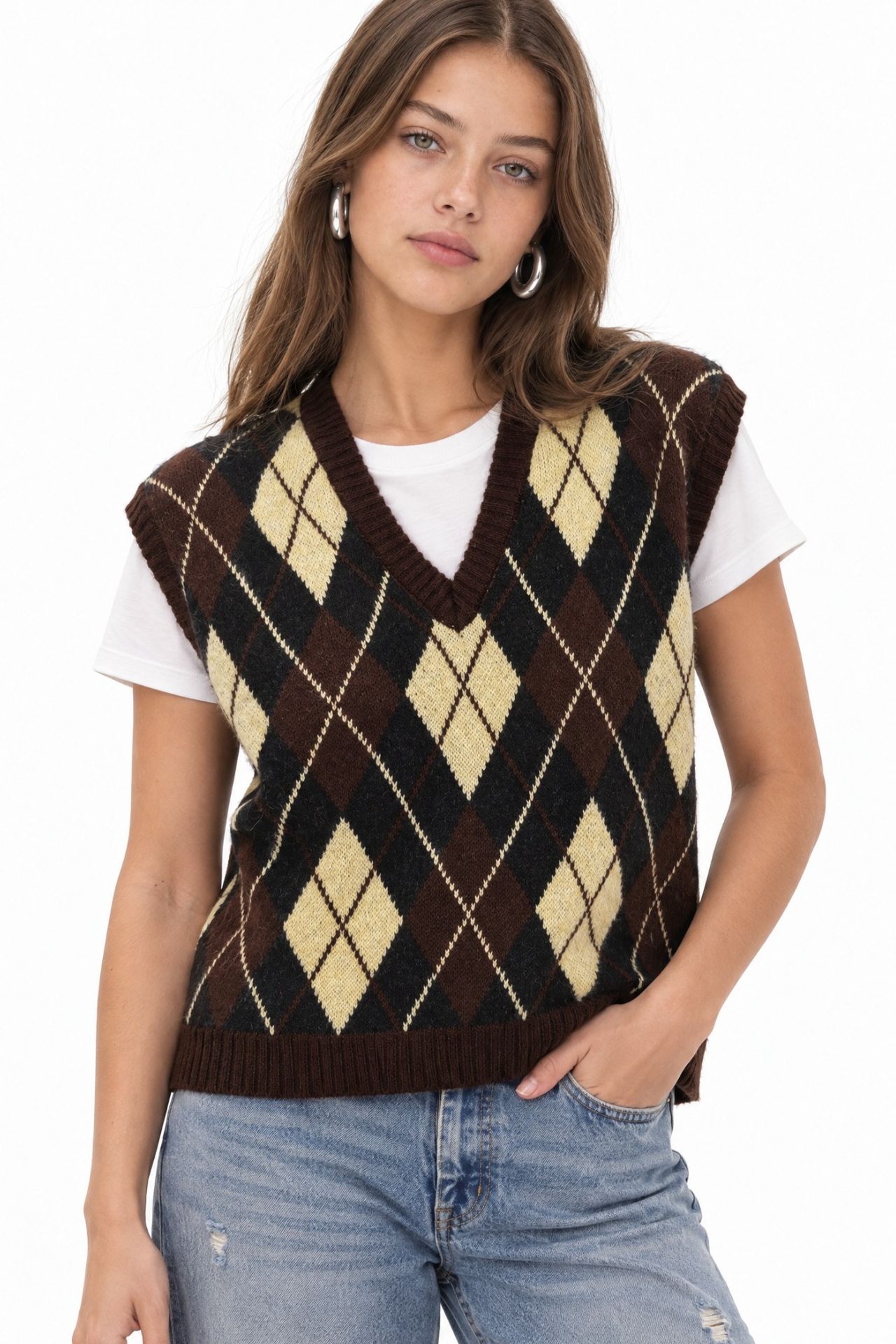 Mixray V-Neck Knitwear Sweater Vest with Argyle Pattern 1