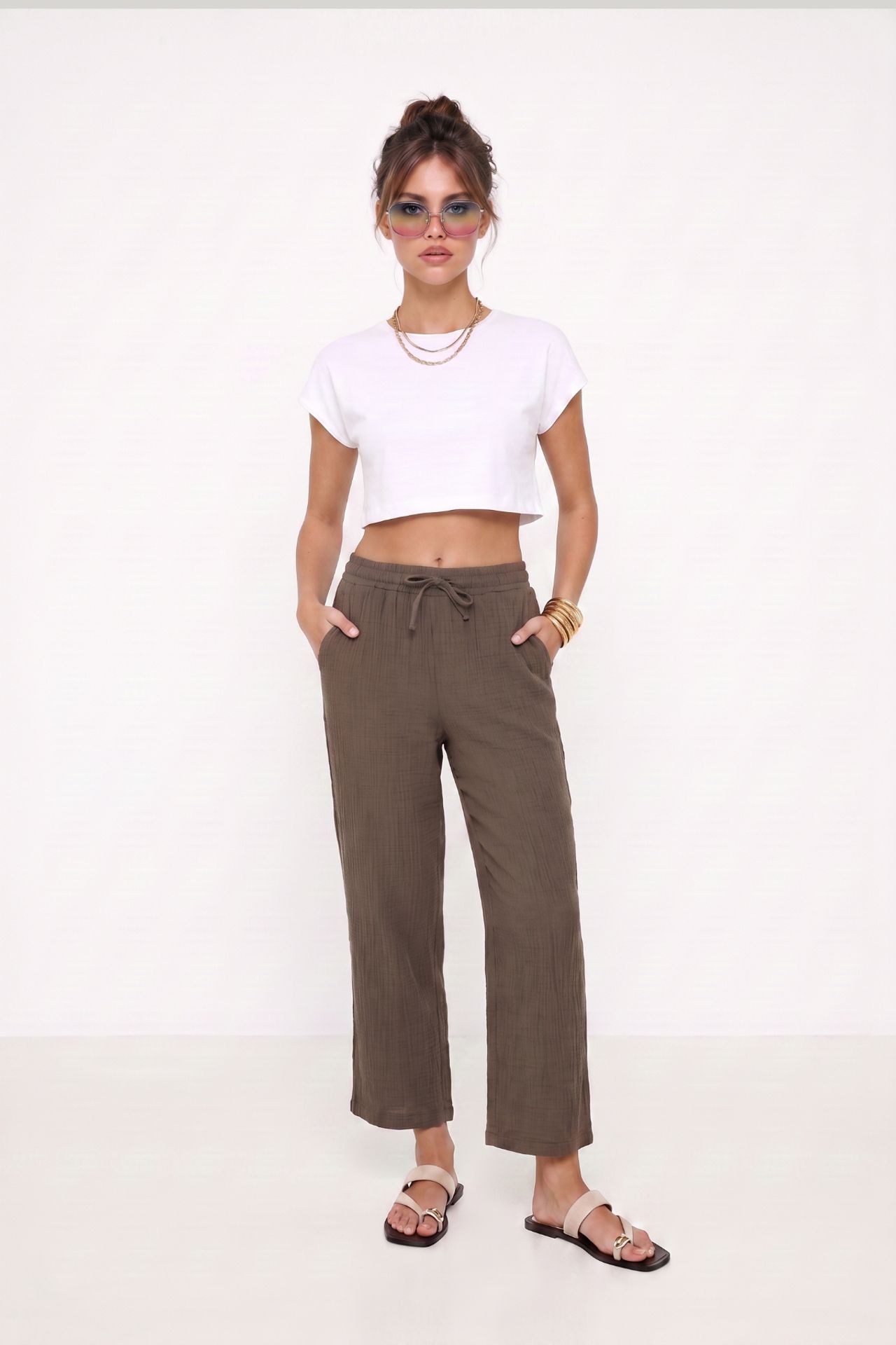 ISTANBUL Wide Leg Drawstring Waist Pants with Binding Detail 1
