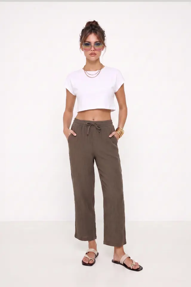 ISTANBUL Wide Leg Drawstring Waist Pants with Binding Detail