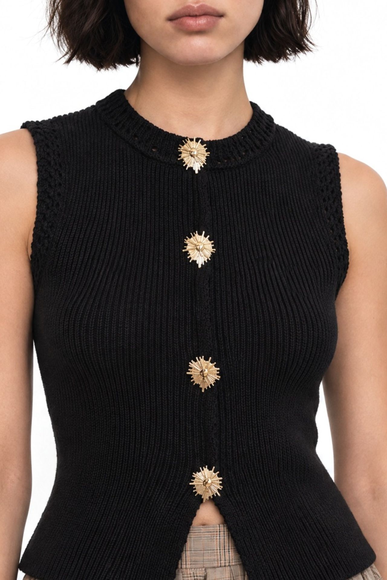 Mixray Textured Knit Crop Top with Button Details 4