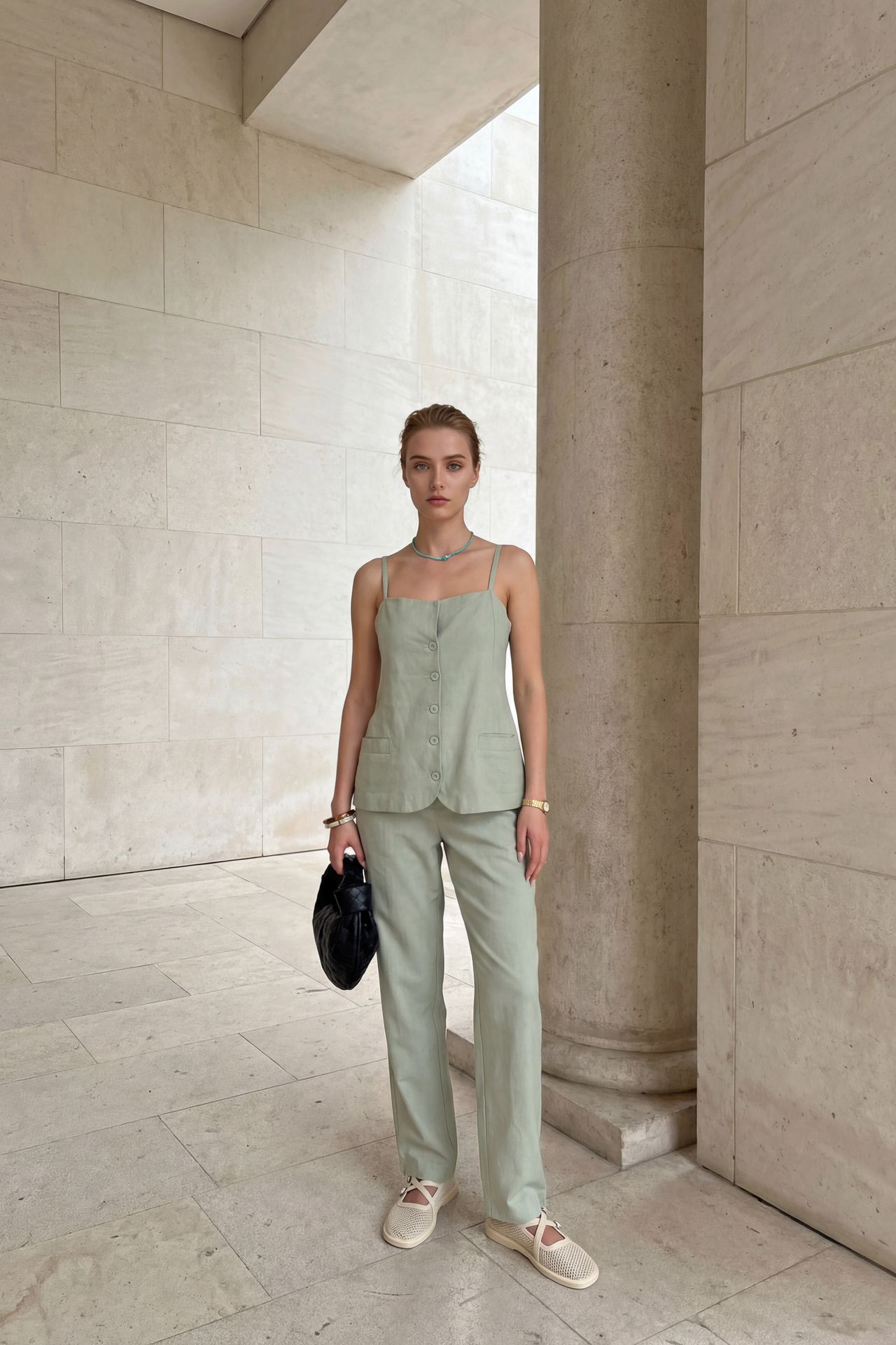MY FASHION V-Neck Buttoned Vest with Pockets & Straight Leg Pants Two-Piece Set 4
