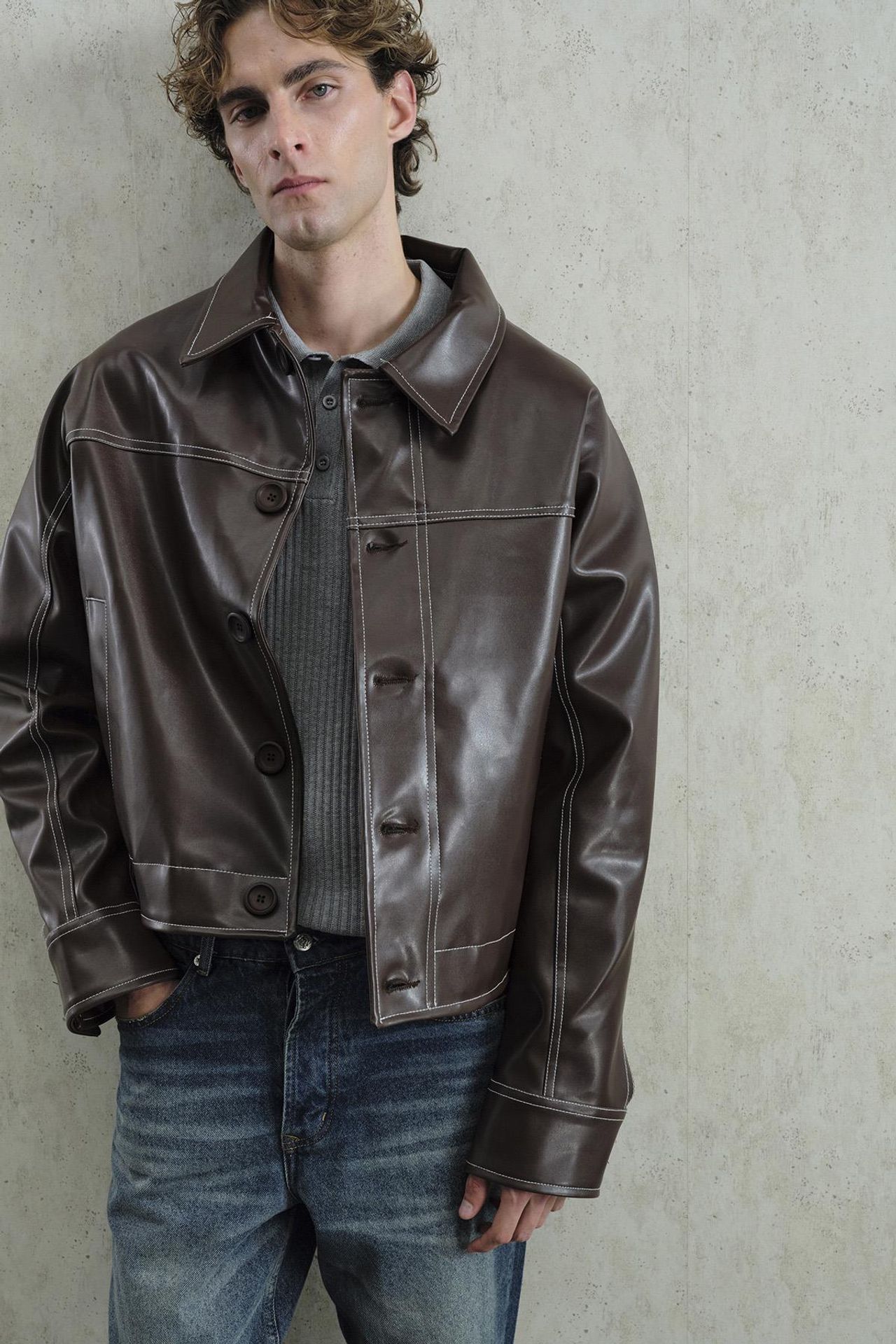 GIESTO Faux Leather Relaxed Fit Buttoned Jacket 4
