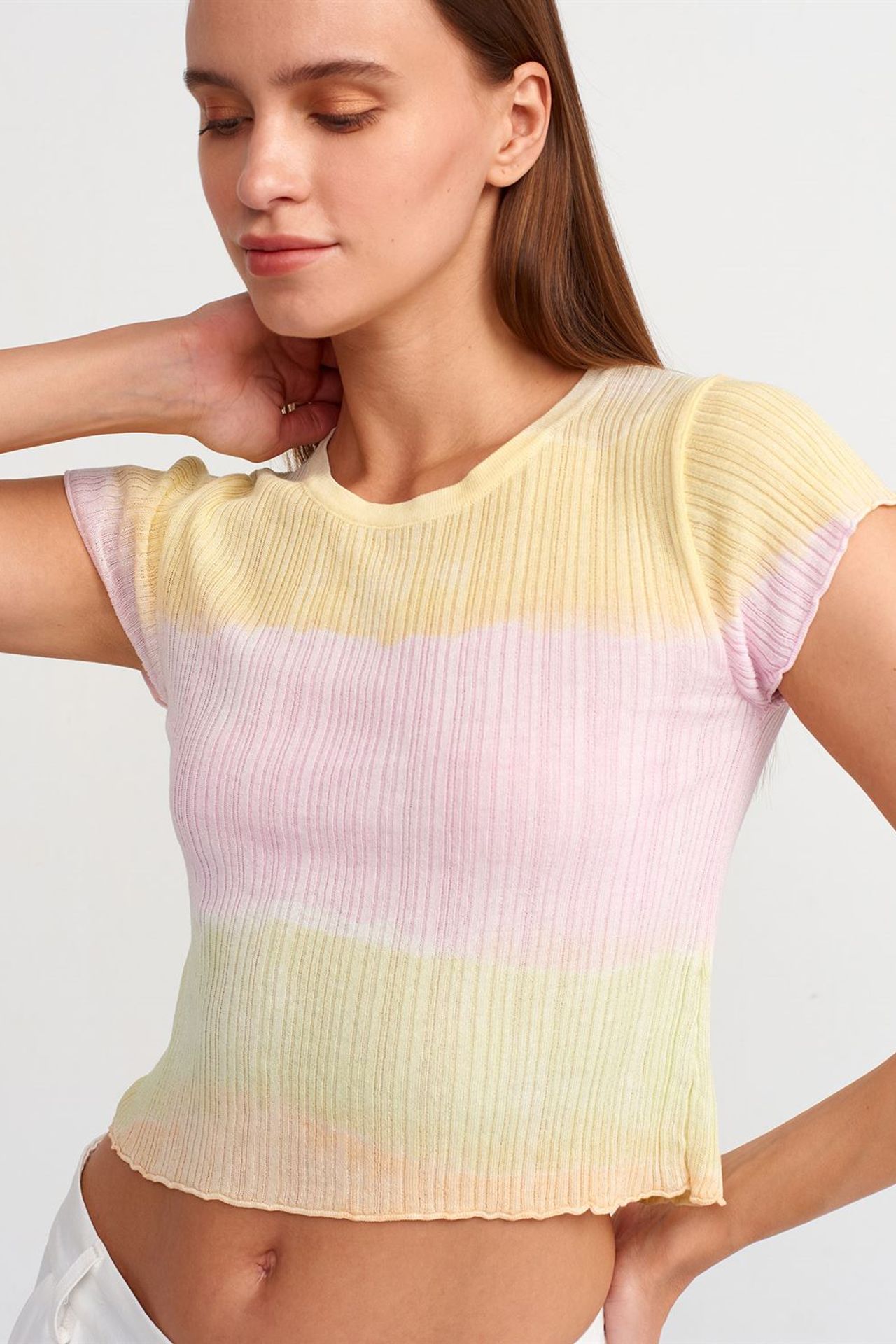 DILVIN Kadın Crop Ombre Fitilli Triko Kazak 1
