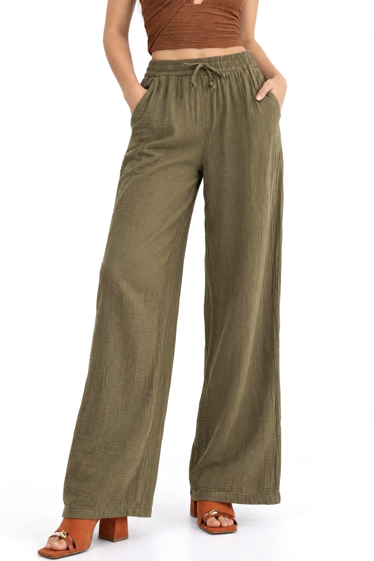 Mixray High Waist Textured Muslin Fabric Pants 1