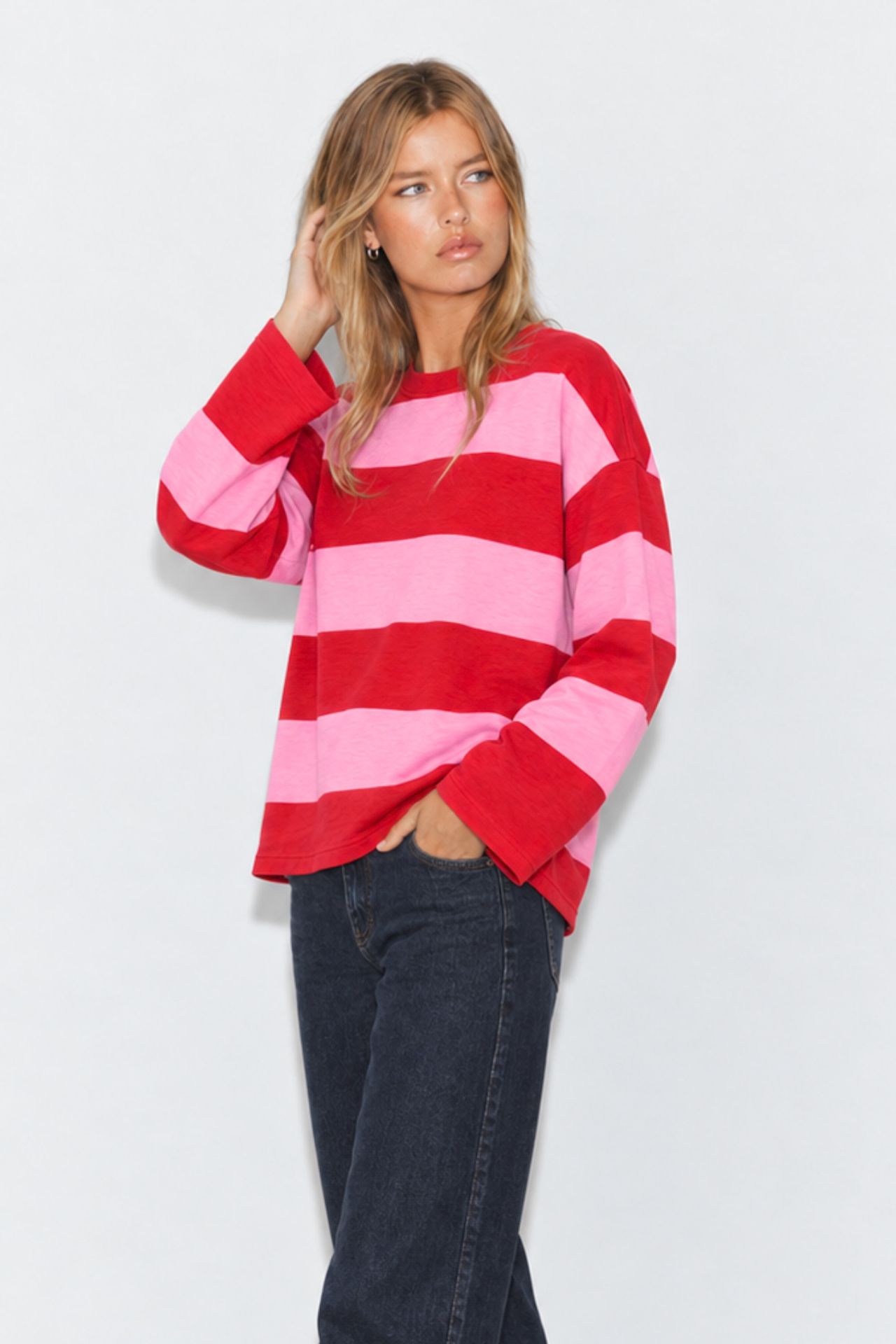 BIPANTOLON Women's Oversized Striped Crew Neck Sweatshirt 4