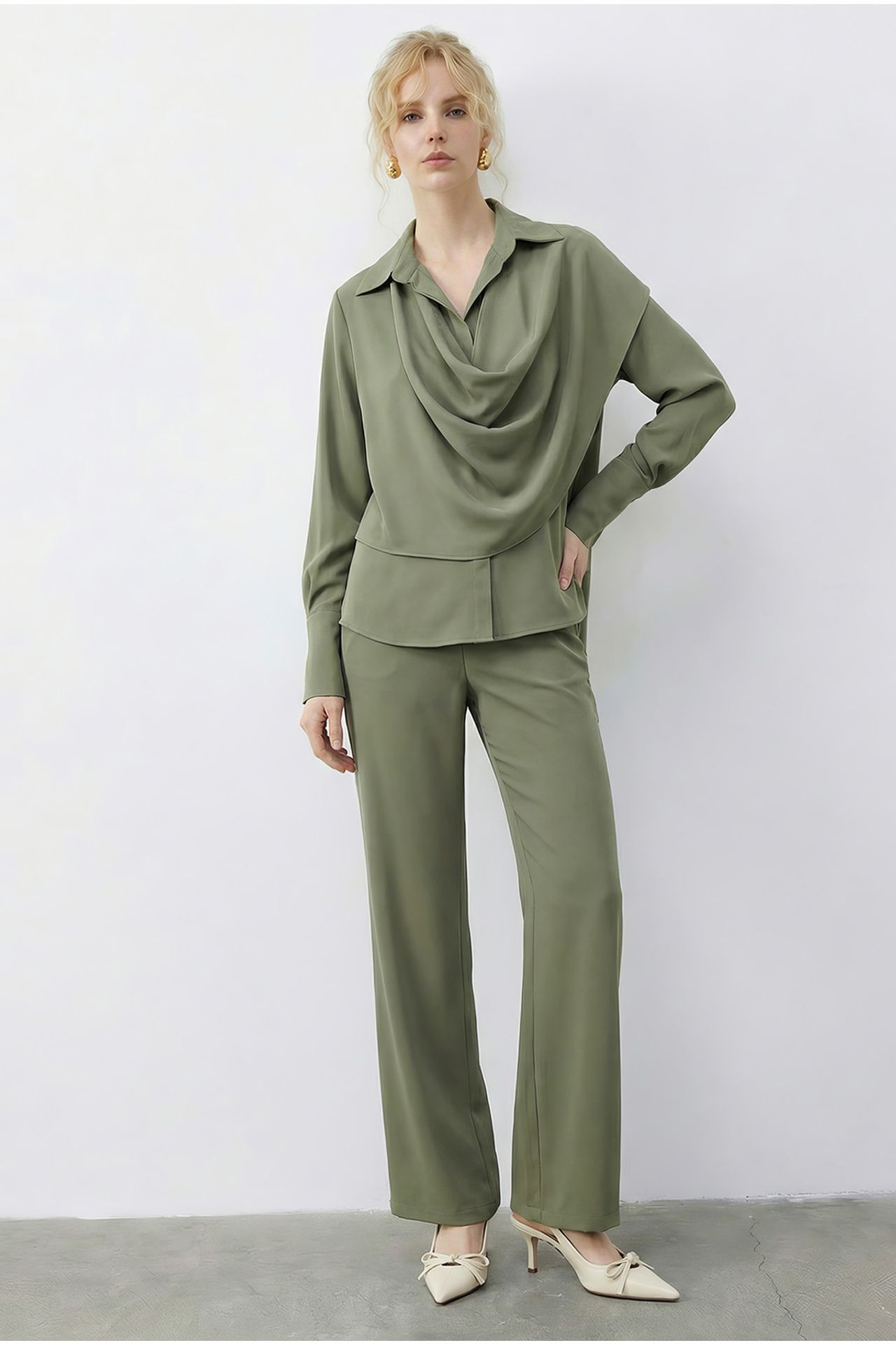 LUCCI Shawl Detailed Blouse and High Waist Wide Leg Pants Two-Piece Set 1