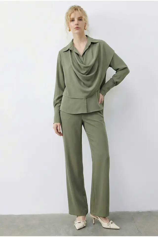 LUCCI Shawl Detailed Blouse and High Waist Wide Leg Pants Two-Piece Set