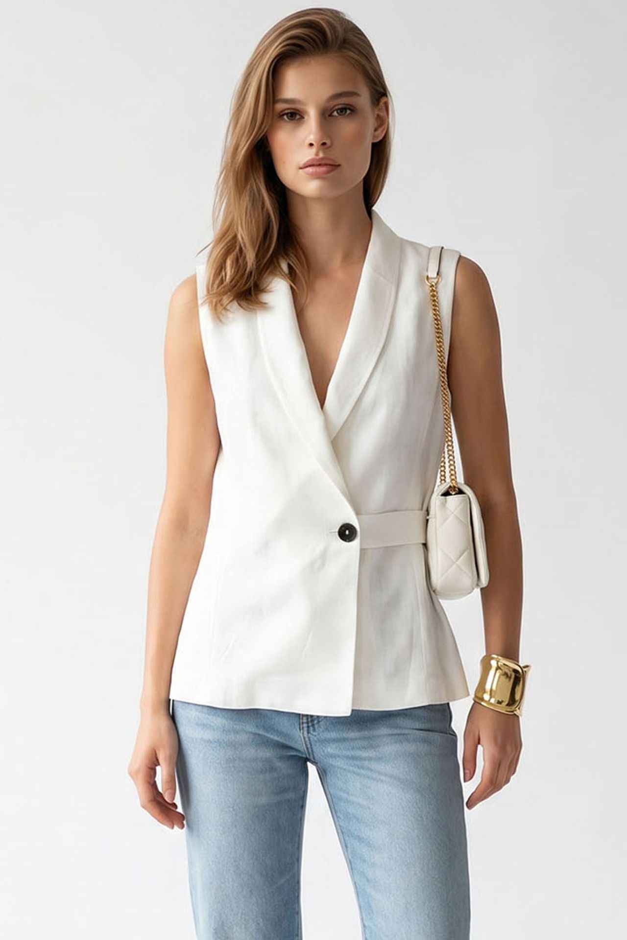 MIXRAY Belted Cotton-linen Waistcoat 1
