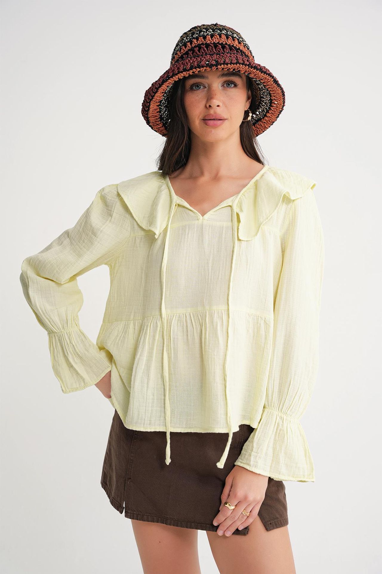 Mixray Frilly Shawl Collar Blouse with Tie Closure 3