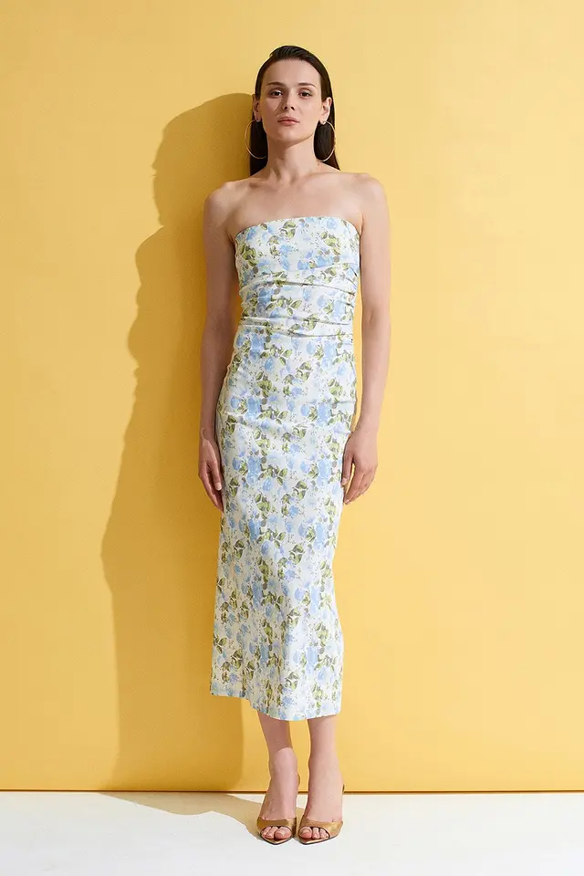 DILVIN Strapless Floral Midi Bodycon Dress
